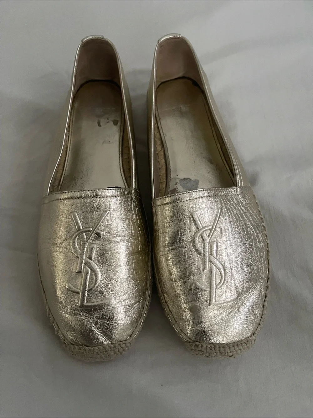 Yves Saint Laurent Silver Leather Espadrille Slip-Ons